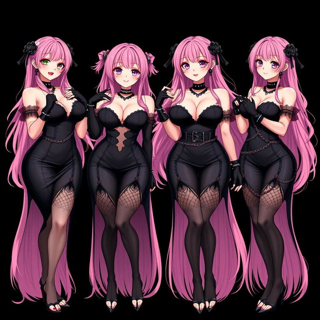 An enchanting image of four sexy gothic anime dominatrix girls, each showcasing a flustered subtle smile and charming blush on their cheeks