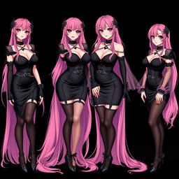 An enchanting image of four sexy gothic anime dominatrix girls, each showcasing a flustered subtle smile and charming blush on their cheeks