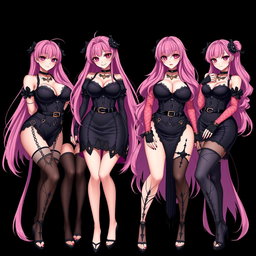 An enchanting image of four sexy gothic anime dominatrix girls, each showcasing a flustered subtle smile and charming blush on their cheeks