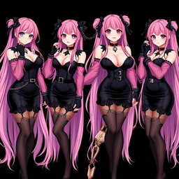 An enchanting image of four sexy gothic anime dominatrix girls, each showcasing a flustered subtle smile and charming blush on their cheeks