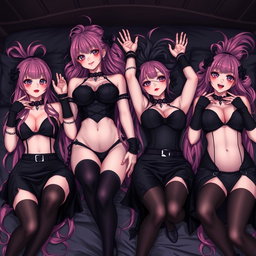 An enchanting scene featuring four sexy gothic anime dominatrix girls lying in a bed, each reaching up toward the viewer with flustered, subtle smiles and soft blushes on their cheeks