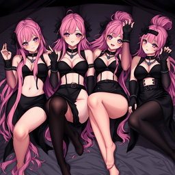 An enchanting scene featuring four sexy gothic anime dominatrix girls lying in a bed, each reaching up toward the viewer with flustered, subtle smiles and soft blushes on their cheeks