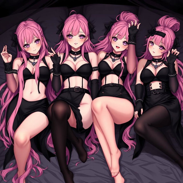 An enchanting scene featuring four sexy gothic anime dominatrix girls lying in a bed, each reaching up toward the viewer with flustered, subtle smiles and soft blushes on their cheeks