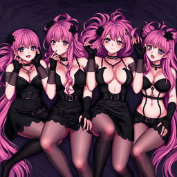 An enchanting scene featuring four sexy gothic anime dominatrix girls lying in a bed, each reaching up toward the viewer with flustered, subtle smiles and soft blushes on their cheeks