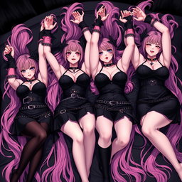 An enchanting scene featuring four sexy gothic anime dominatrix girls lying in a bed, each reaching up toward the viewer with flustered, subtle smiles and soft blushes on their cheeks