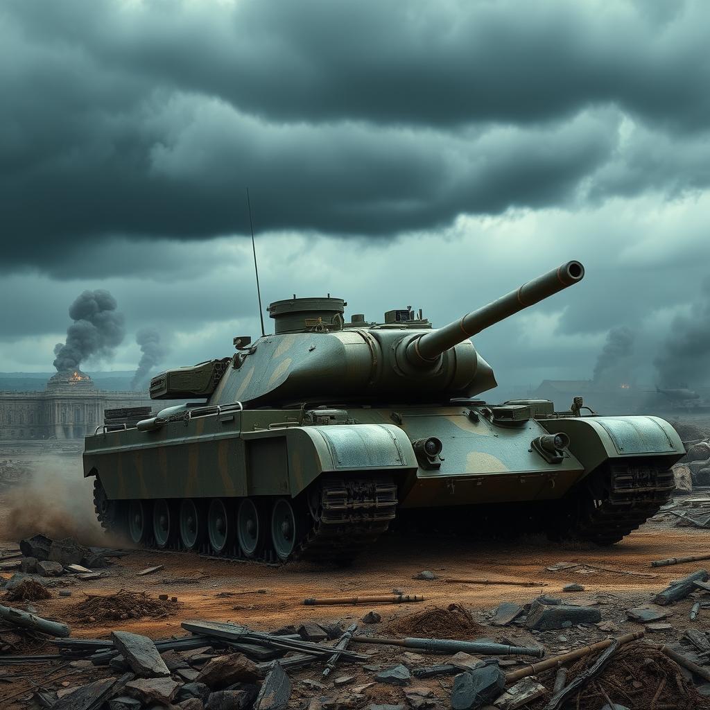 A highly detailed and realistic depiction of a military battle tank in a war-torn landscape