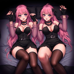 An alluring scene featuring two sexy gothic anime dominatrix girls lying in a bed, both reaching up toward the viewer with flustered, subtle smiles and soft blushes on their cheeks