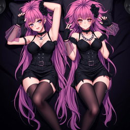 An alluring scene featuring two sexy gothic anime dominatrix girls lying in a bed, both reaching up toward the viewer with flustered, subtle smiles and soft blushes on their cheeks