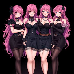A captivating scene featuring four sexy gothic anime dominatrix girls, each displaying a flustered subtle smile framed by delicate blush on their cheeks