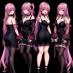 A captivating scene featuring four sexy gothic anime dominatrix girls, each displaying a flustered subtle smile framed by delicate blush on their cheeks