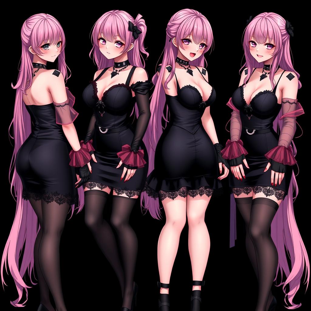 A captivating scene featuring four sexy gothic anime dominatrix girls, each displaying a flustered subtle smile framed by delicate blush on their cheeks
