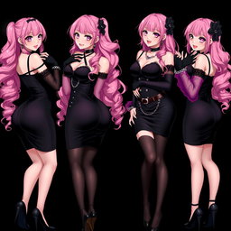 A captivating scene featuring four sexy gothic anime dominatrix girls, each displaying a flustered subtle smile framed by delicate blush on their cheeks