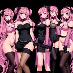 A captivating scene featuring four sexy gothic anime dominatrix girls, each displaying a flustered subtle smile framed by delicate blush on their cheeks