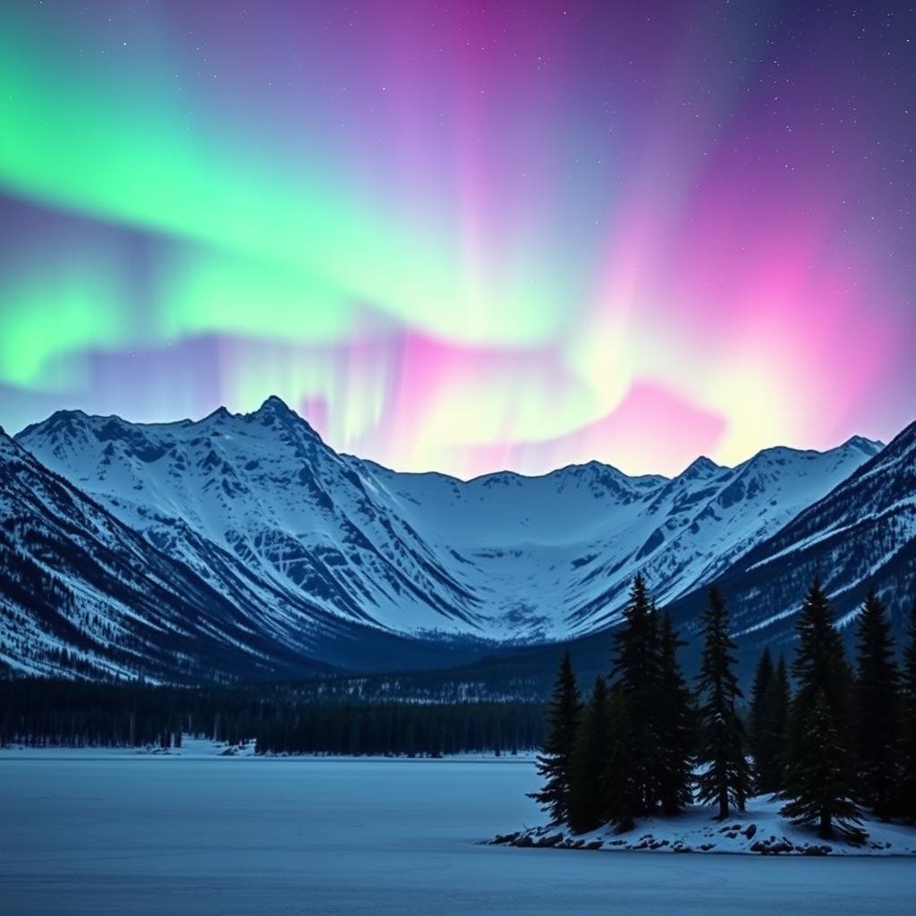 A breathtaking landscape featuring a serene, snowy mountain range under a vibrant and dynamic display of northern lights illuminating the night sky