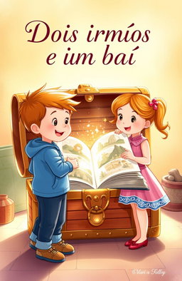 A heartwarming scene featuring two children, a boy and a girl, standing next to an open treasure chest