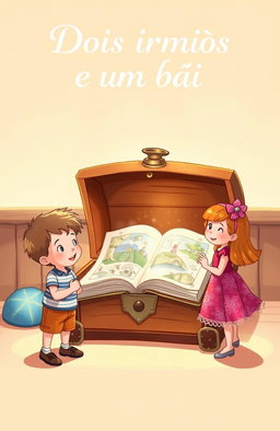 A heartwarming scene featuring two children, a boy and a girl, standing next to an open treasure chest