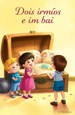 A heartwarming scene featuring two children, a boy and a girl, standing next to an open treasure chest