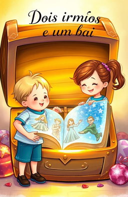 A heartwarming scene featuring two children, a boy and a girl, standing next to an open treasure chest