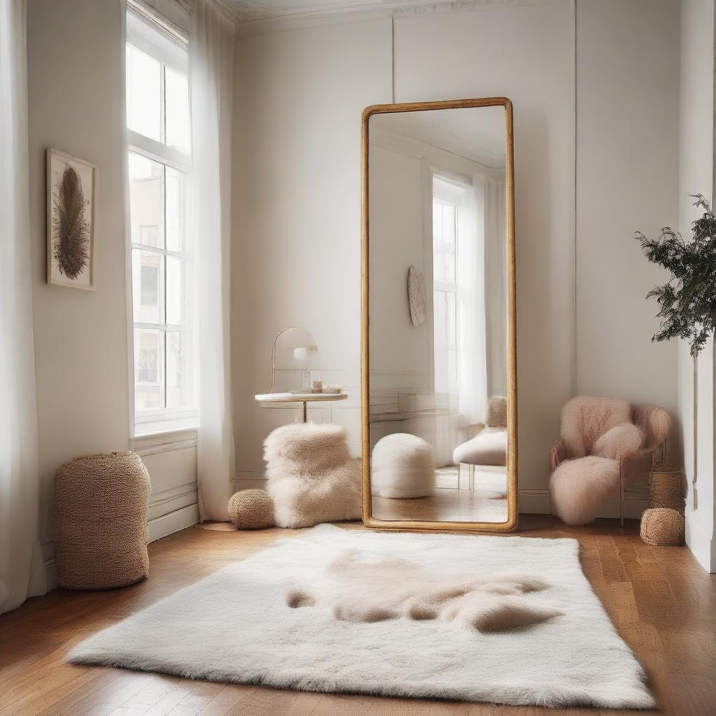 An intimate room featuring a tall standing mirror, a large desk complete with chair, a gentle indoor swing, and a luxurious fur rug serving as carpet.