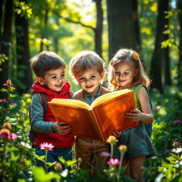 A captivating scene of three children, two boys and one girl, exploring a lush forest