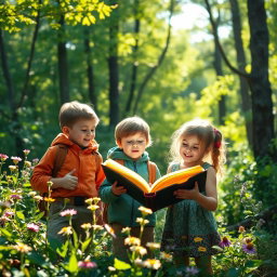 A captivating scene of three children, two boys and one girl, exploring a lush forest