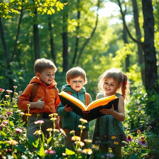 A captivating scene of three children, two boys and one girl, exploring a lush forest