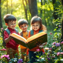 A captivating scene of three children, two boys and one girl, exploring a lush forest