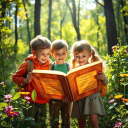A captivating scene of three children, two boys and one girl, exploring a lush forest