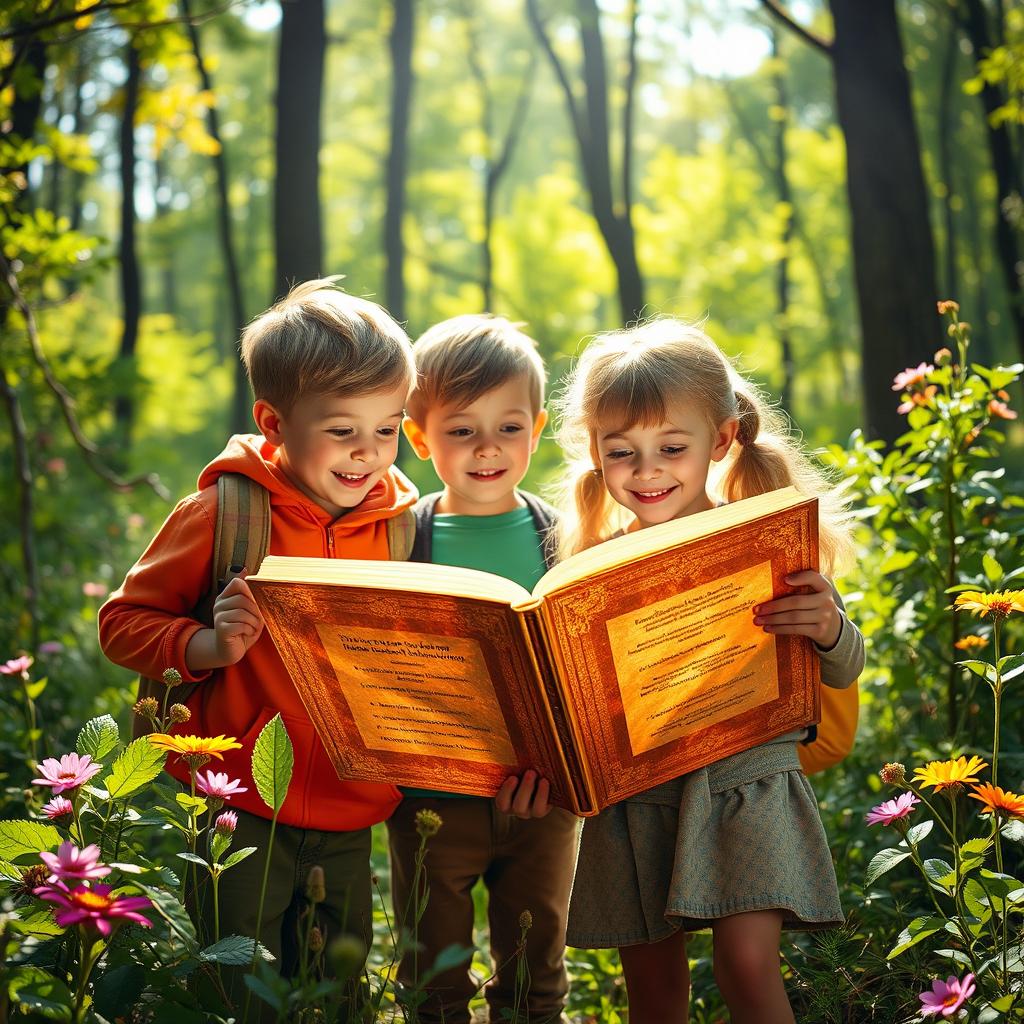 A captivating scene of three children, two boys and one girl, exploring a lush forest