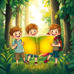 A charming illustration of three children, two boys and one girl, joyfully exploring a lush forest