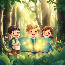 A charming illustration of three children, two boys and one girl, joyfully exploring a lush forest