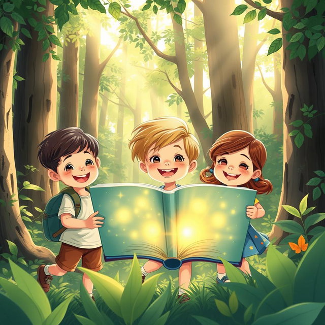 A charming illustration of three children, two boys and one girl, joyfully exploring a lush forest
