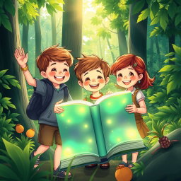 A charming illustration of three children, two boys and one girl, joyfully exploring a lush forest