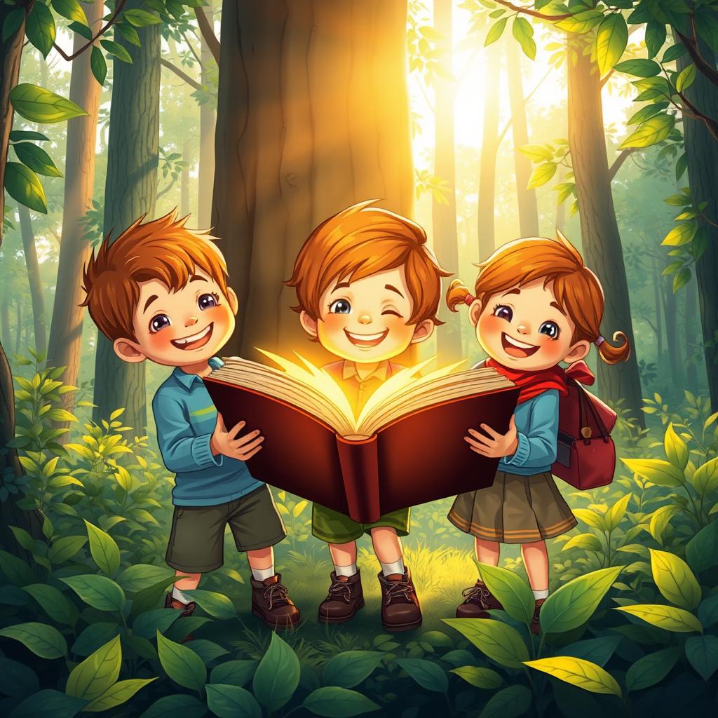 A charming illustration of three children, two boys and one girl, joyfully exploring a lush forest