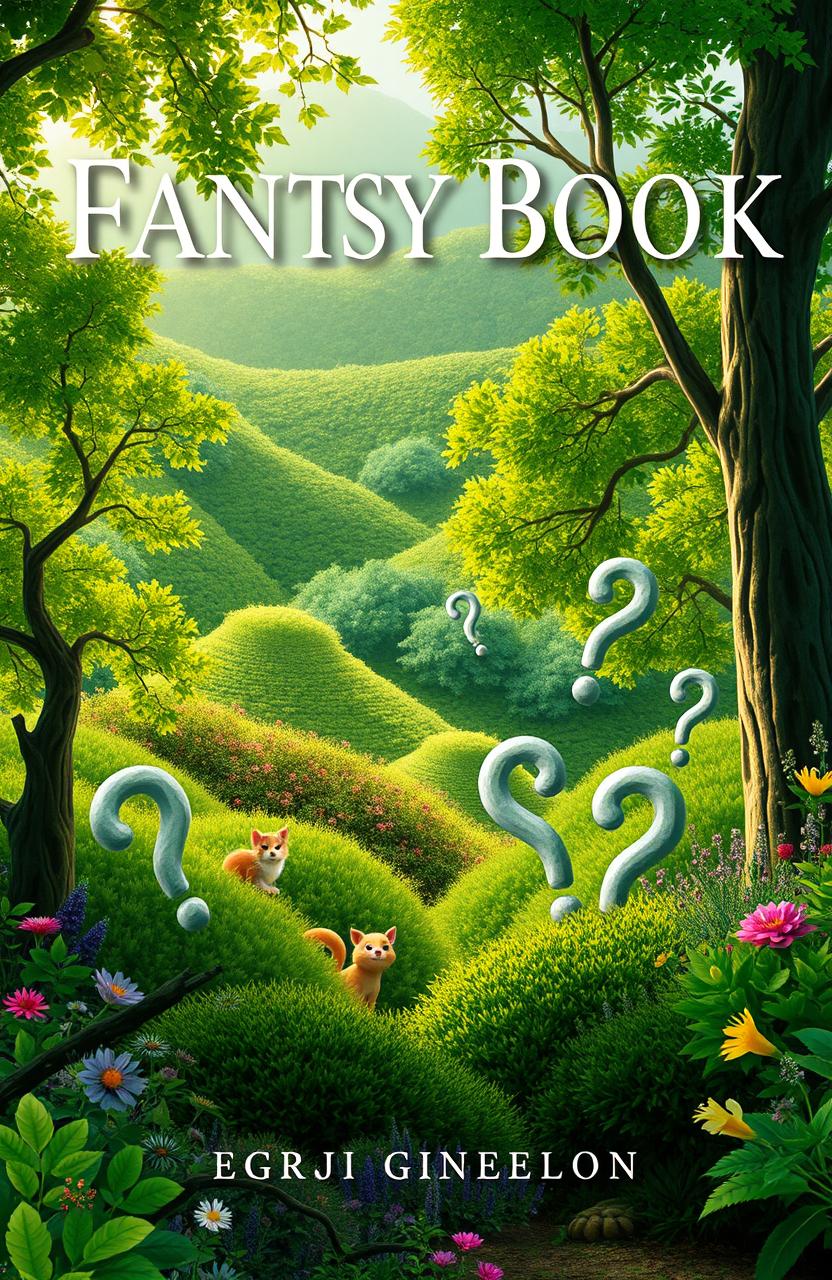 The cover of a fantasy book featuring a lush, green landscape filled with vibrant foliage, towering trees, and delicate flowers