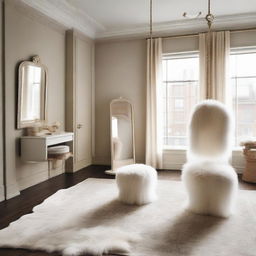 An intimate room featuring a tall standing mirror, a large desk complete with chair, a gentle indoor swing, and a luxurious fur rug serving as carpet.