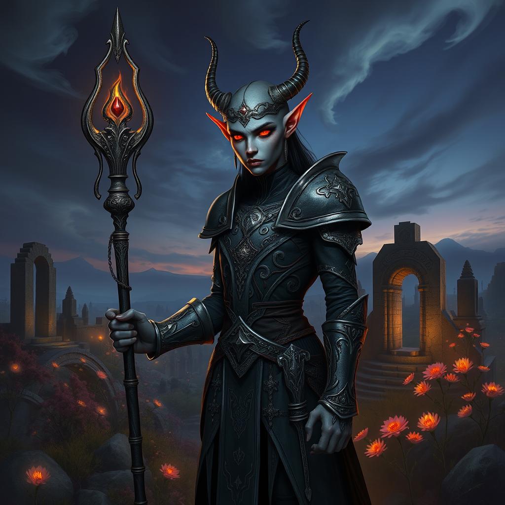 A mystical depiction of a Dunmer, a Dark Elf character from a fantasy realm, standing in an ethereal landscape filled with ancient ruins and glowing flora