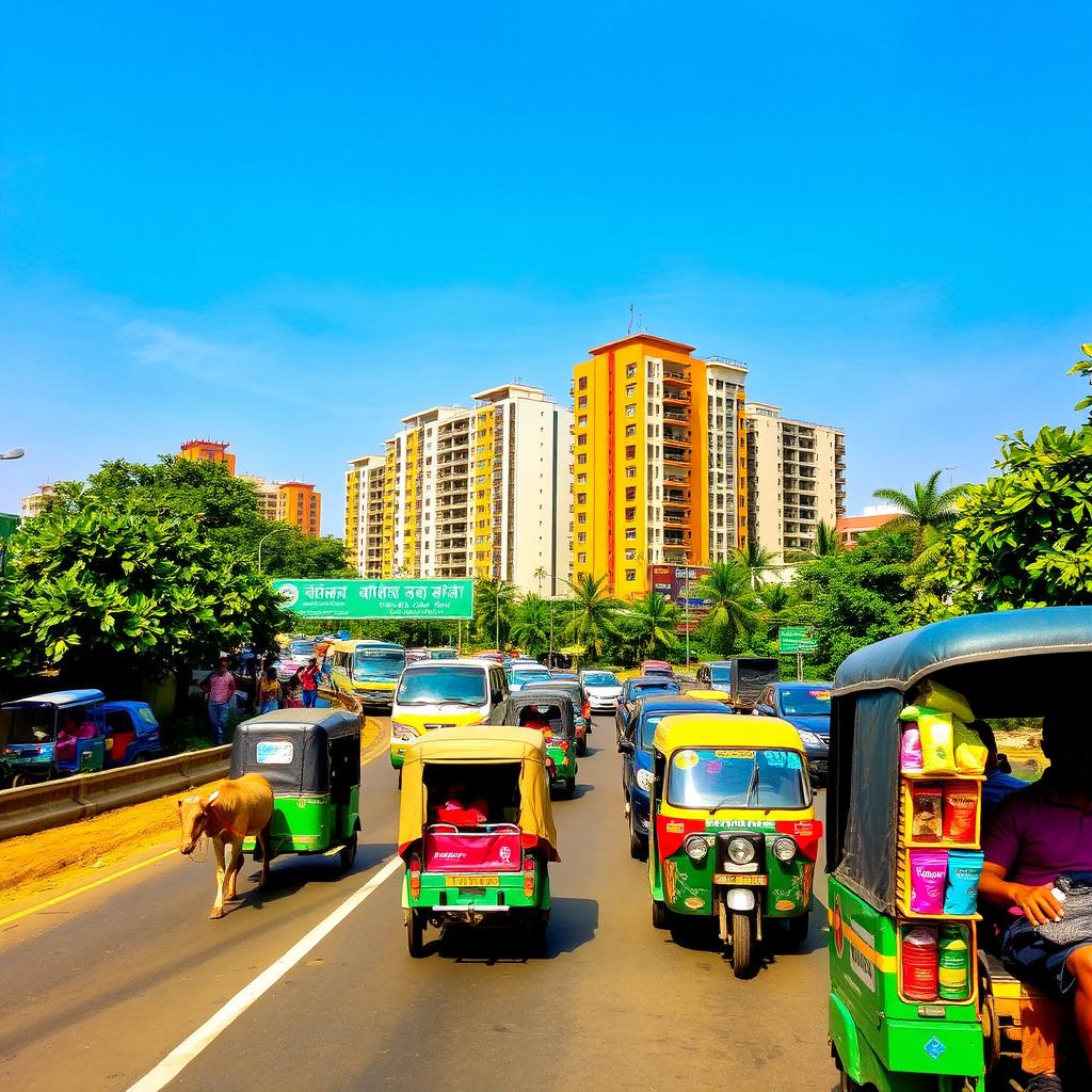 A vibrant and lively scene of a busy highway in Bangladesh, showcasing the unique blend of traditional and modern vehicles such as bullock carts, tuk-tuks, and buses