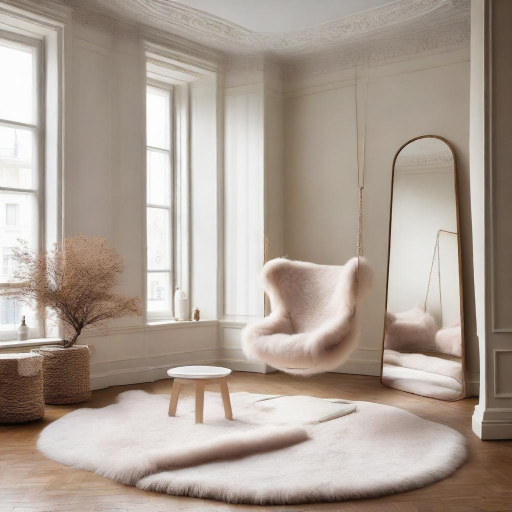 An intimate room featuring a tall standing mirror, a large desk complete with chair, a gentle indoor swing, and a luxurious fur rug serving as carpet.