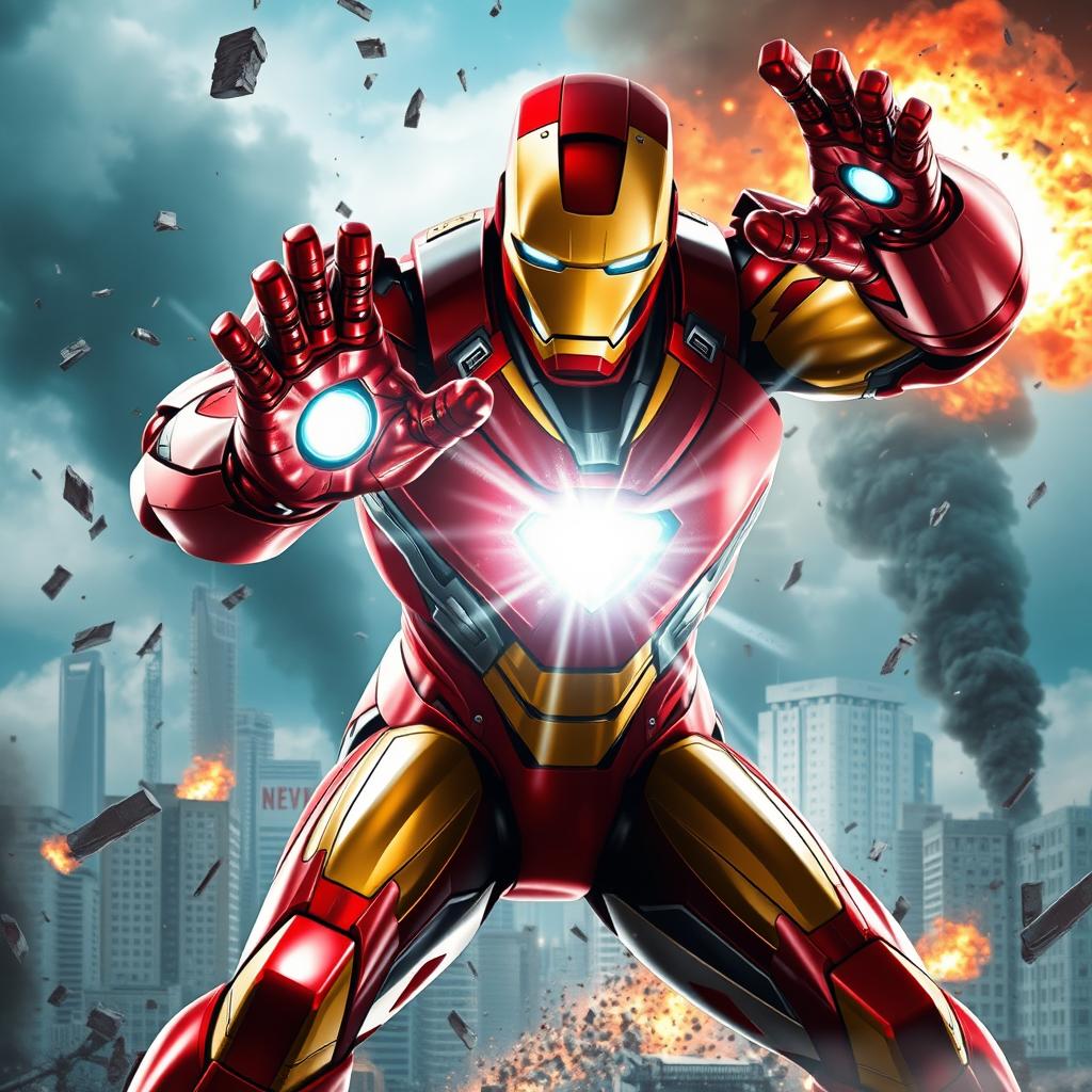 A heroic depiction of Iron Man, the armored superhero, in his iconic red and gold suit, fully engaged in battle with a fierce expression