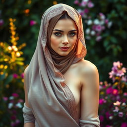 A beautifully artistic portrayal of a nude woman adorned with a hijab, elegantly draped to showcase her graceful figure while maintaining respect for cultural significance