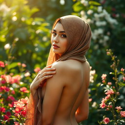A beautifully artistic portrayal of a nude woman adorned with a hijab, elegantly draped to showcase her graceful figure while maintaining respect for cultural significance