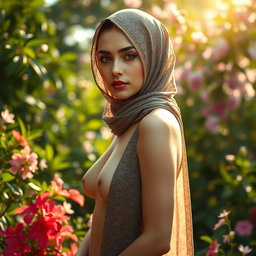 A beautifully artistic portrayal of a nude woman adorned with a hijab, elegantly draped to showcase her graceful figure while maintaining respect for cultural significance