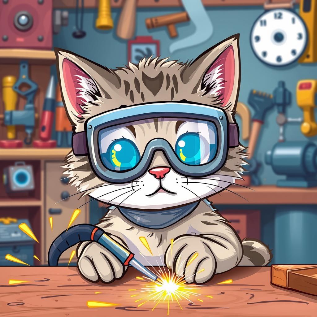 A cute cartoon-style drawing of a cat welding, wearing protective goggles and a welding mask