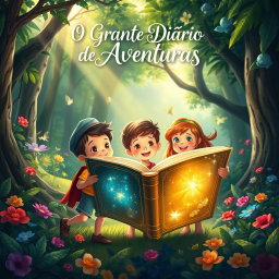 An enchanting illustration featuring three children, two boys and one girl, joyfully exploring a vibrant forest