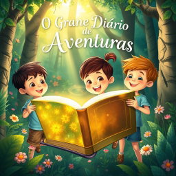 An enchanting illustration featuring three children, two boys and one girl, joyfully exploring a vibrant forest