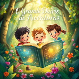An enchanting illustration featuring three children, two boys and one girl, joyfully exploring a vibrant forest