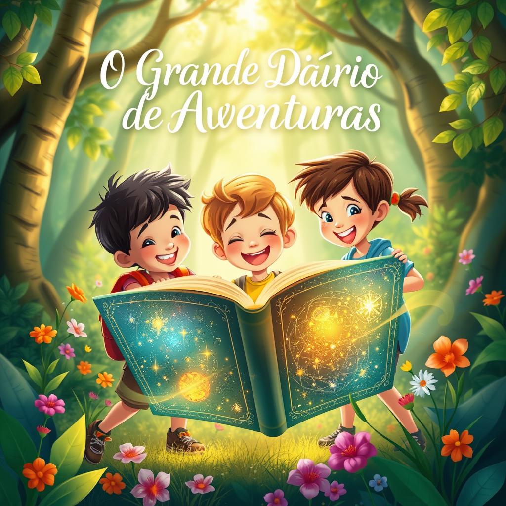 An enchanting illustration featuring three children, two boys and one girl, joyfully exploring a vibrant forest