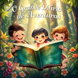 An enchanting illustration featuring three children, two boys and one girl, joyfully exploring a vibrant forest