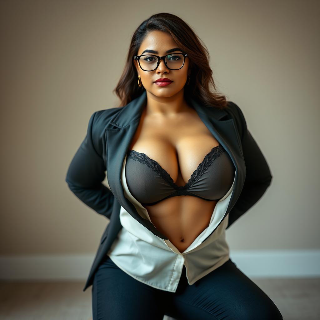 A curvaceous woman with a strong chest, wearing a stylish blouse and a fitted jacket, is kneeling elegantly